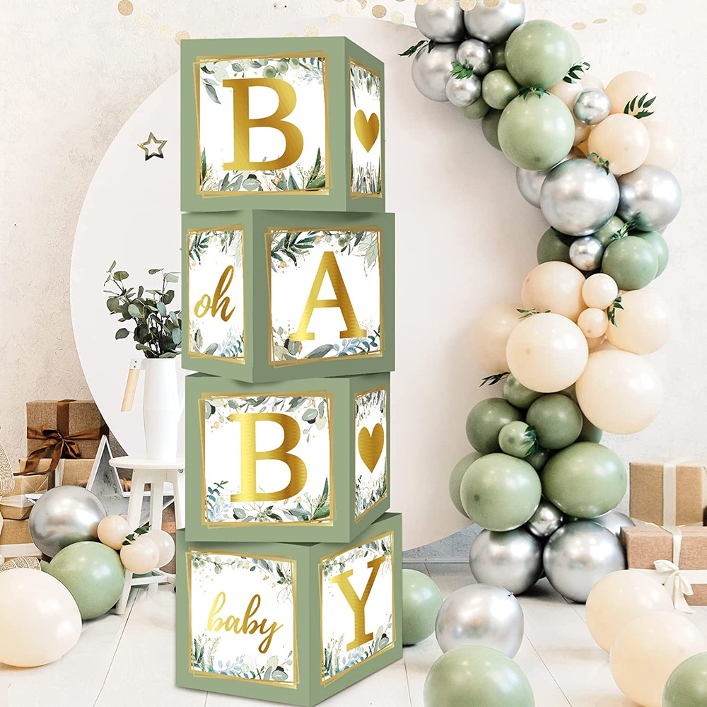 RUBFAC Sage Green Baby Boxes with Letters for Baby Shower, 4Pcs Safari Baby Show