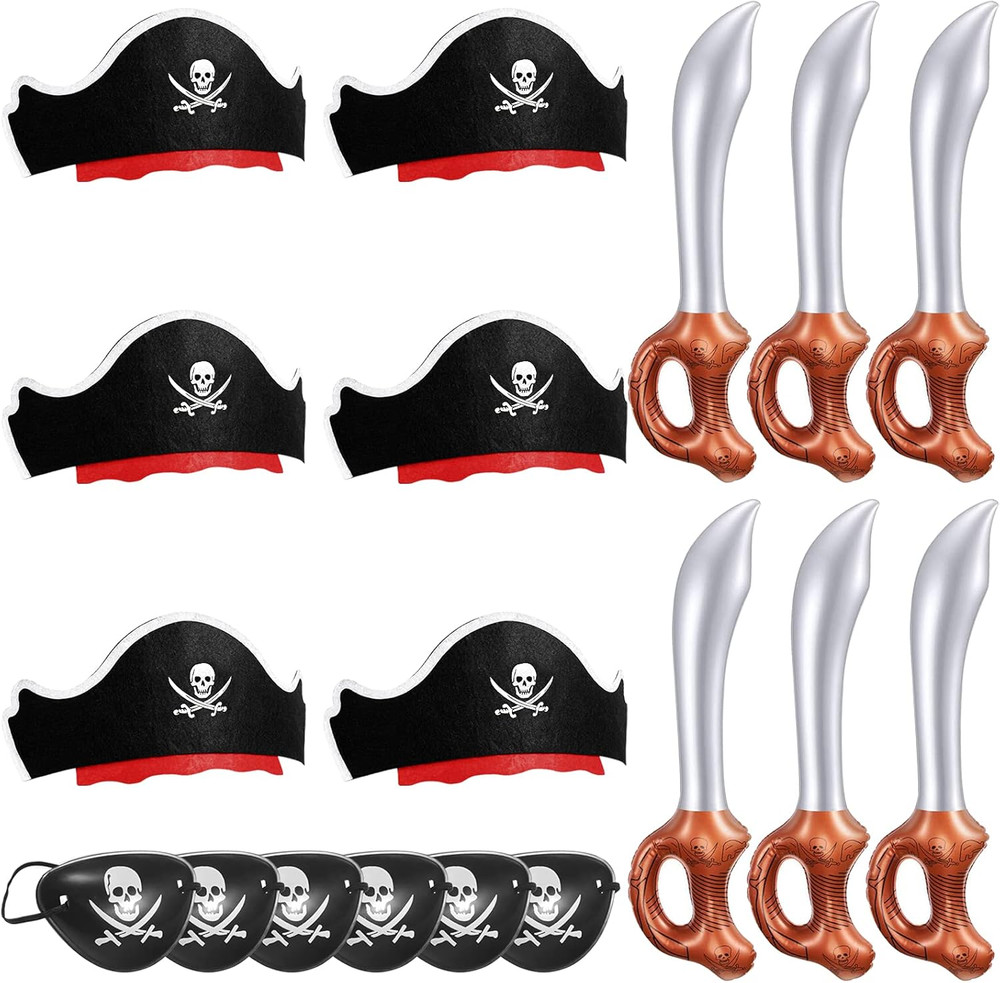 18 Pcs Funny Pirate Party Set- Include 6 Pirate Hats, 6 Eye Patches, 6 Inflatabl