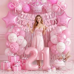21st Pink Bow Decorations for Her, Coquette Party Decor Include 40 Inch Foil …
