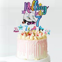 7 PCS Rolling into 7 Roller Skate Cake Toppers Set 7th Birthday Party Decor