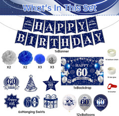 60Th Birthday Decorations for Men Women, Blue Silver Happy 60Th Birthday Banner