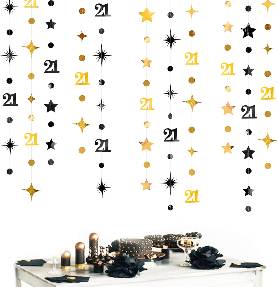 Black Gold 21St Birthday Decorations Number 21 Circle Dot Twinkle Star Garland H