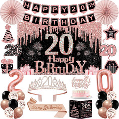 20th Birthday Decorations Kit 32 Pcs Rose Gold Black Party Supplies Set