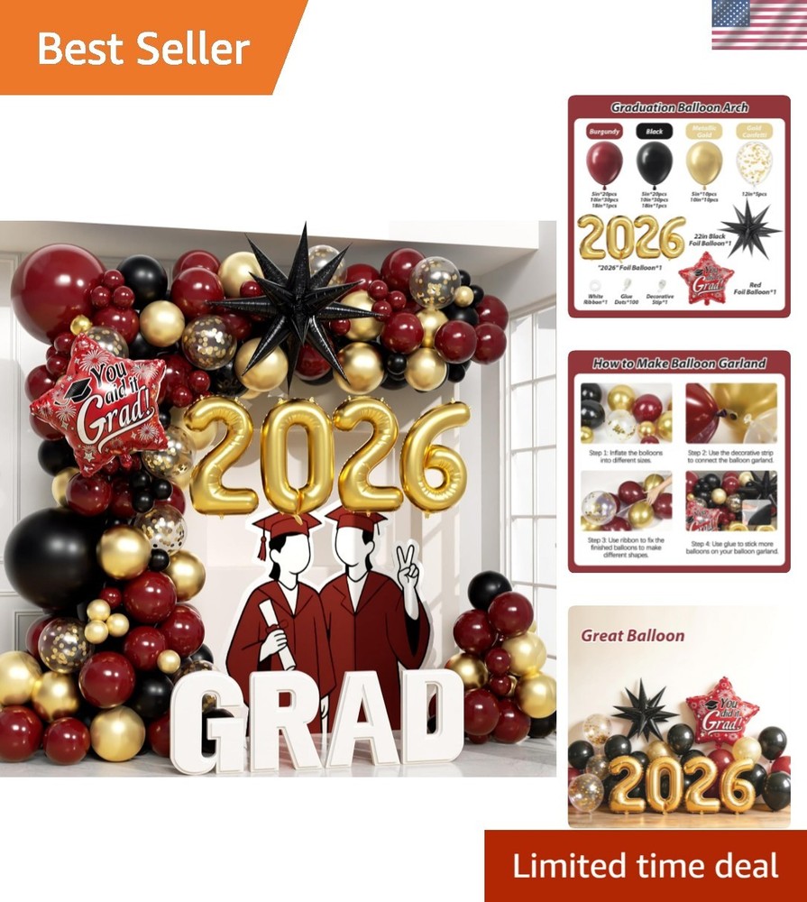 133pcs Maroon Graduation Balloon Arch Kit 2026 with Metallic Gold Confetti Bu…