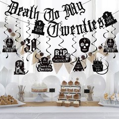 30th Birthday Decorations 14pcs Black Banner, Hanging Swirls & Ceiling Decor