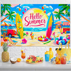 Hello Summer Banner 71X43 Inches Beach Party Decorations Hawaiian Tropical Backd