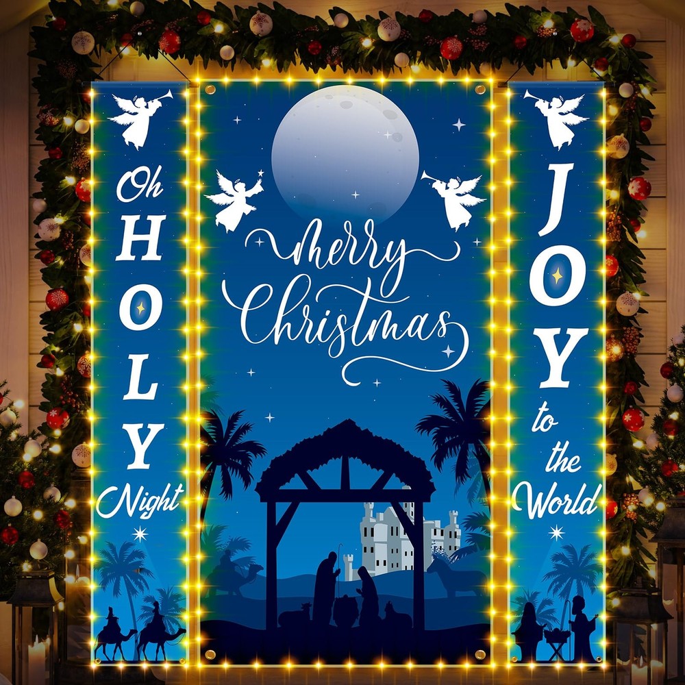 3 Pcs Lighted Christmas Nativity Porch Sign Holy Night Christmas Hanging Bann…