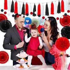 29 Pcs Red and Black Decorations Decoration Fan Pom Pom Honeycomb Flower Tiss…