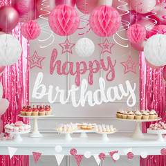 Pre-Strung Pink and Silver Happy Birthday Banner Decorations, Glitter Birthday G