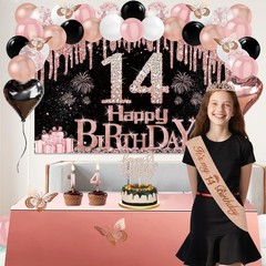 14th Birthday Decorations for Girls, 49pcs Black Rose Gold Black Banner, Tabl…