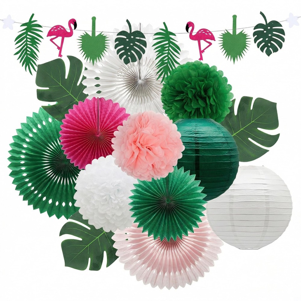 14 Pcs Tropical Party Decorations Set – Pre-Strung Flamingo Green Pink
