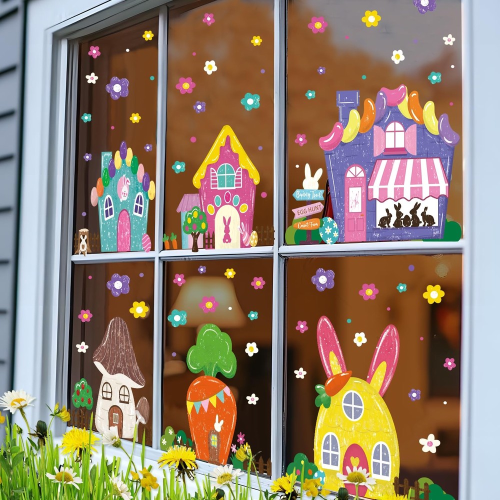 JOICEE 6 Sheets Easter Window Cling Decorations, 81 PCS Cute Cartoon Multi