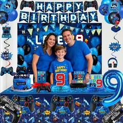 9th Decorations for Boys, Blue Video Game Party Decorations, Level 9 Backdrop…
