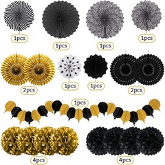 Black and Gold Decorations, Paper Pompoms Fan for Graduation Birthday Wedding