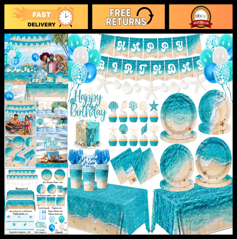 Ocean Waves Birthday Party Supplies – 183Pcs Beach Theme Decor, Plates, Napkins,