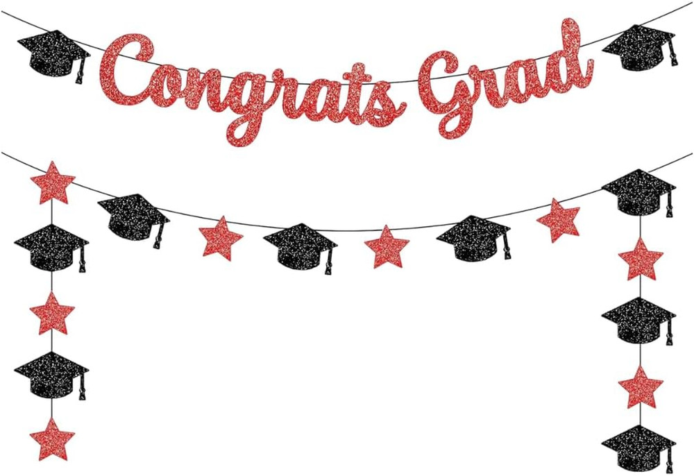 Graduation Decorations 2026 | Glitter Congrats Grad Banner Red and Black – 10 Fe