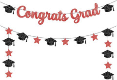 Graduation Decorations 2026 | Glitter Congrats Grad Banner Red and Black – 10 Fe