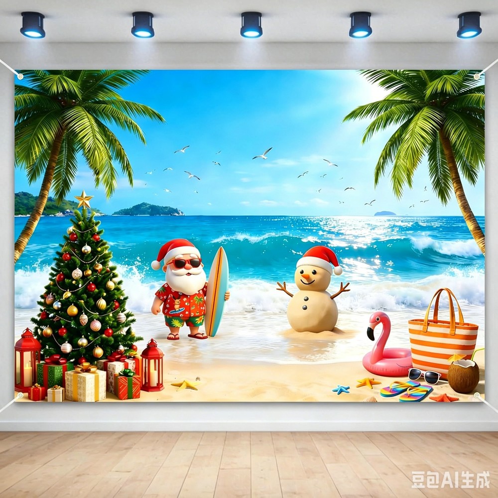 Christmas Beach Backdrop Summer Xmas Snowman Photo Background Banner Party Decor