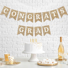 Pre-Strung Congrats Grad Banner Gold Glitter 6 Ft Graduation Party Decor