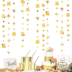 Gold 16Th Birthday Decorations Number 16 Circle Dot Twinkle Star Garland Metalli
