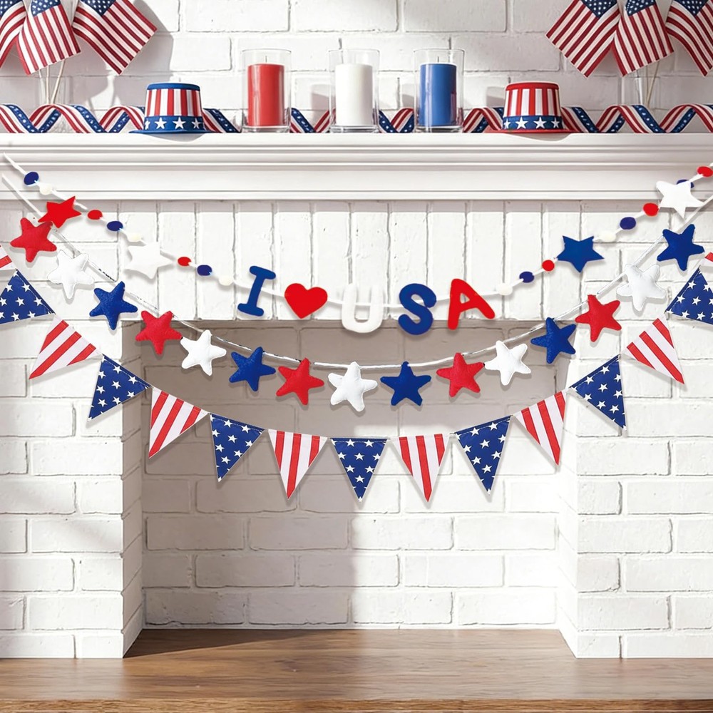 Patriotic Felt Banner 3D USA Star Garland 4th of July Red Blue White Bunting Gar
