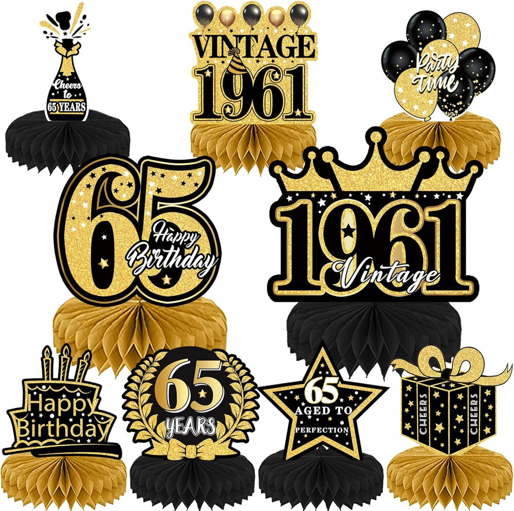 65th Birthday Decorations for Men – 9PCS Vintage 65th Birthday Honeycomb Centerp