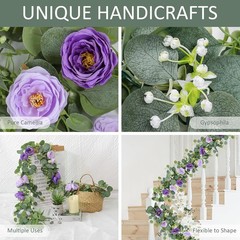 2 Pack 13Ft Artificial Eucalyptus Flower Garland with Purple Roses, Fake Rose