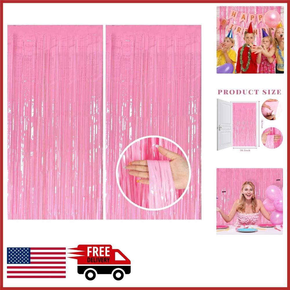 Shiny Pink Tinsel Backdrop 2 Pack for Birthday, Graduation, and Celebrations
