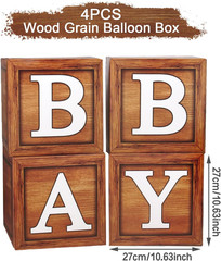 Baby Shower Boxes Party Decorations – 4 Wood Grain Brown Blocks with Baby Letter