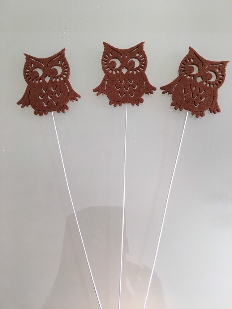 3 BROWN FELT OWL WIRE halloween PARTY DECORATION CHRISTMAS CARDS DISPLAY CRAFTS