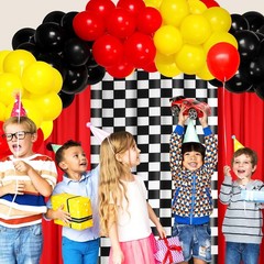 Race Party Decorations 2 Red Curtains 1 Black & White Grid 50 Balloons – Car