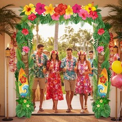 3 Pcs Hawaiian Door Decorations Tropical Palm Leaf Flowers Porch Banners Surf…