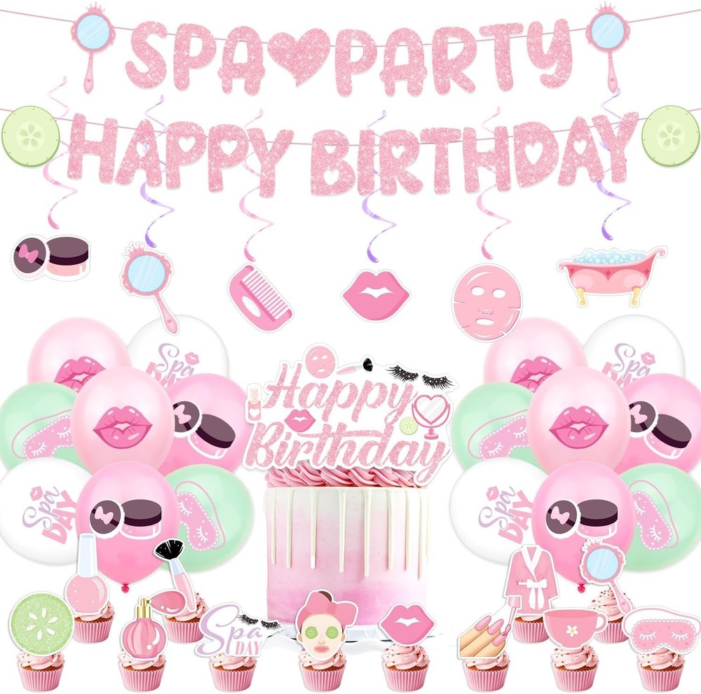 Pink Spa Birthday Party Decorations,Kit With Banner, Balloons, Cake Topper