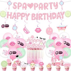 Pink Spa Birthday Party Decorations,Kit With Banner, Balloons, Cake Topper