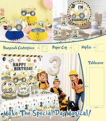 290PCS Construction Themed 3rd Birthday Party Supplies-Serves 25