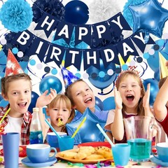 Navy Blue Birthday Decorations, Happy Birthday Banner with Paper Pompoms, Han…