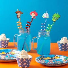 24Pcs Reusable Toy Story Party Straws with 8 Unique Designs & Cleaning Brushes