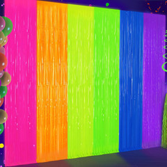 2 Pack Glow in the Dark Tinsel Curtains, Neon Party Decorations 3.3 X 6.6 Ft Bla