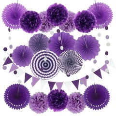 Party Decoration, 21 Pcs Purple and Lavender Hanging Paper Fans, Pom Poms Flo…