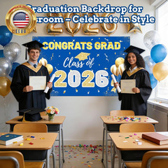 2026 Graduation Backdrop – 70.8″X43.3″ Blue Gold Congrats Grad Banner Class of 2