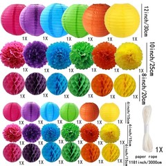 Colorful Decoration Set – 36 Pcs Lanterns, Pompoms, Honeycomb Decorations for…