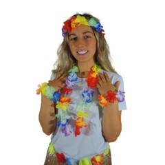 Costume Set Hawaiian Grass Skirt With Flower Lei, Headband & Wristlets 5 Pc Set