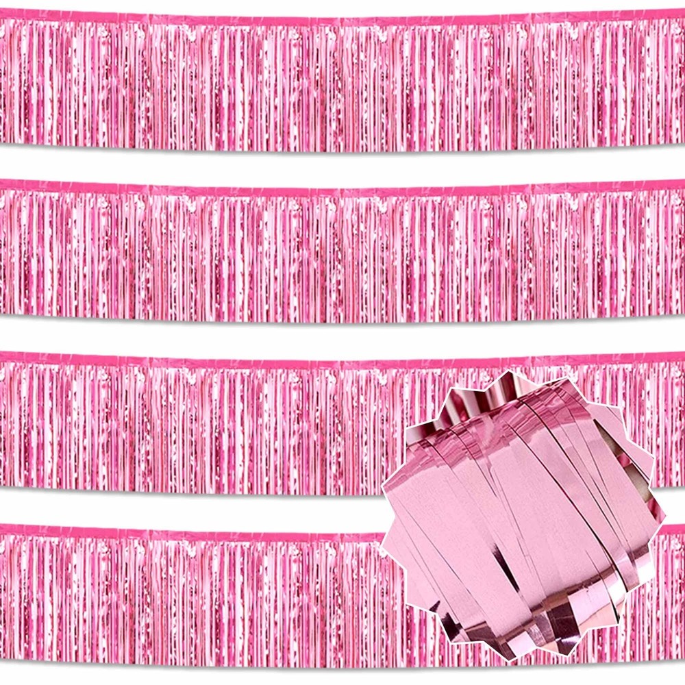 4 Pack 10 Ft Pink Foil Fringe Garland Metallic Streamers Tinsel Banner Wall H…