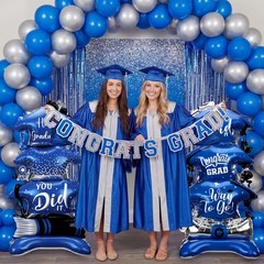 2 Pcs 37″ Blue and Silver Graduation Caps Foil Balloons Giant Self Standing C…