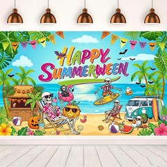 Summerween Backdrop Halloween Beach Skeleton Sunset Banner Photo Background