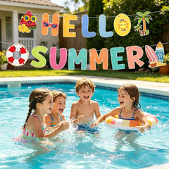 Hello Summer Banner, Colorful Summer Party Decorations with Sun Sunglasses Swimm