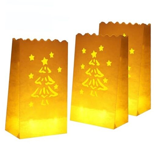 50 PCS White Christmas Luminary Bags, Flame Resistant Candle Bags, Christmas