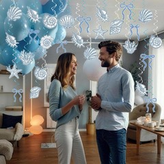 60PCS Blue Bow Starfish Seashell Hanging Swirls Beach Party Decoration Coasta…