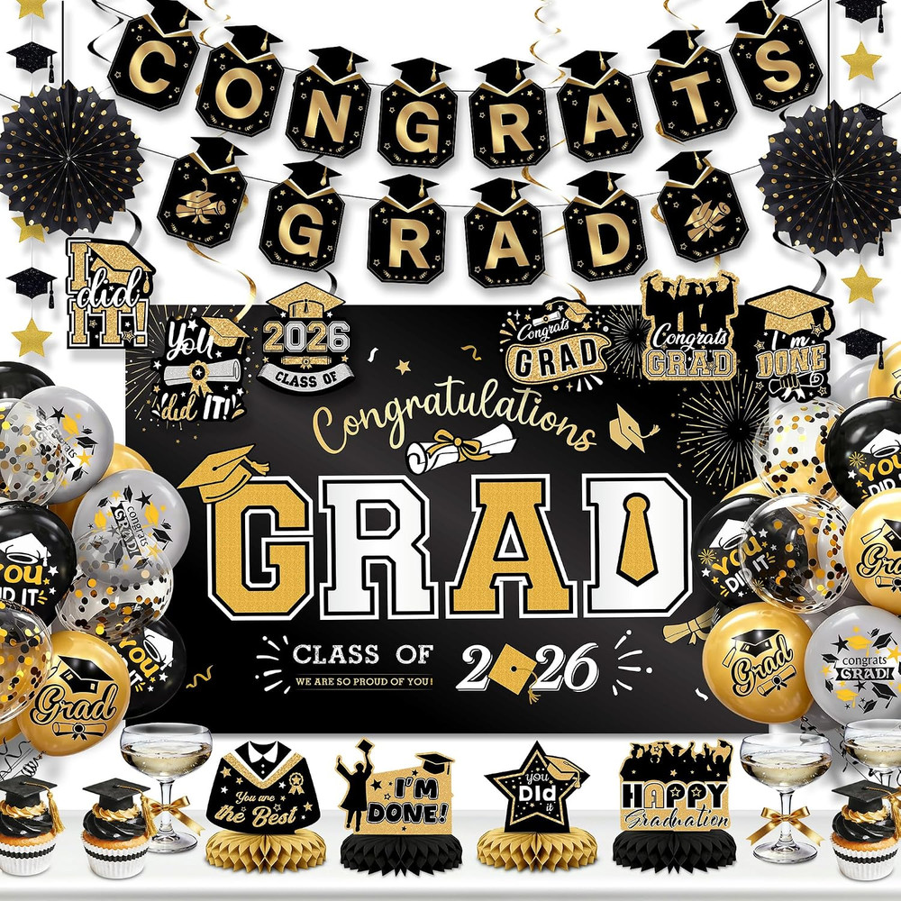 Party Spot！2026 Graduation Party Decorations-Class of 2026 Backdrop,Gold and Bla