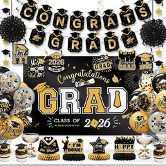 Party Spot！2026 Graduation Party Decorations-Class of 2026 Backdrop,Gold and Bla